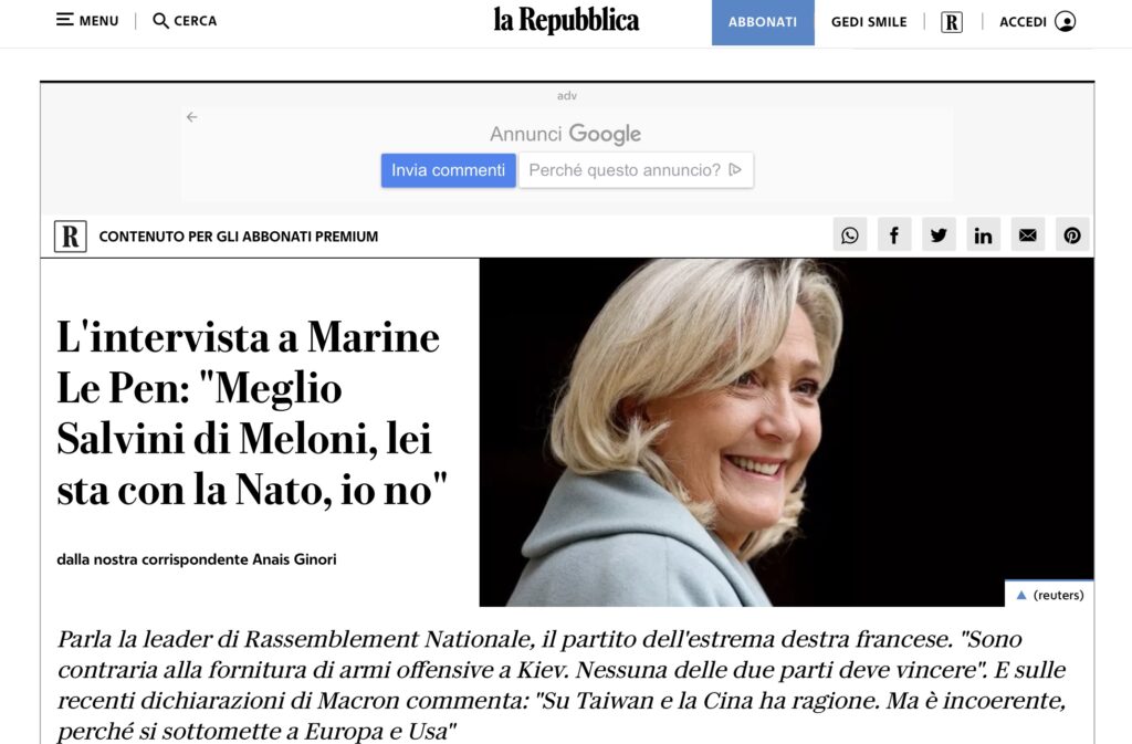 Article La Republica sur la visite de Le Pen